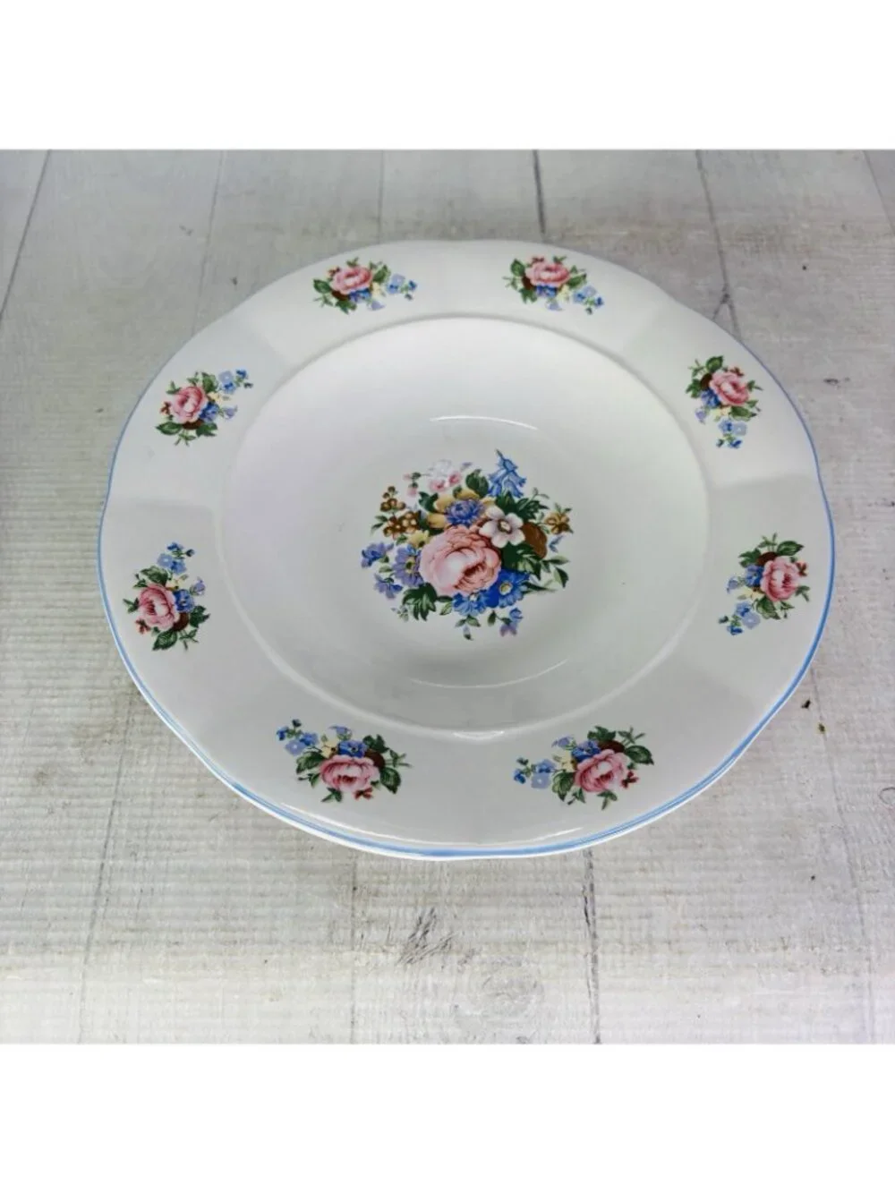 Tabletops Unlimited TAU71 Floral Blue Ceramic Rim Pasta Soup Cereal Bowl Set 4